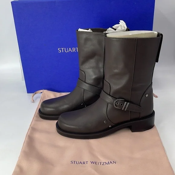 Stuart Weitzman Women Maverick Pull On Moto Booties Size US 7B Walnut Leather - Picture 1 of 9